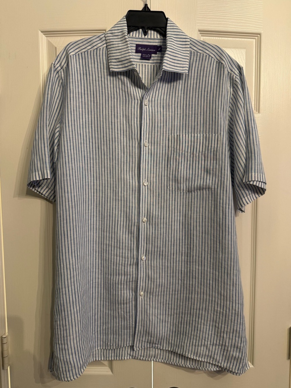 Ralph Lauren Purple Label Men’s Blue White Striped Linen Short Sleeve Shirt SzL